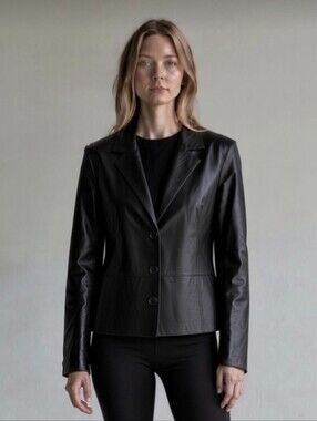 USA LEATHER! RICH BLACK GENUINE LEATHER BUTTON FRONT, COLLARED JACKET! SZ L